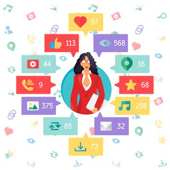 Web Life of Business Woman from blog and social networks, online shopping and email, files of video, images and photos. You can change figures in bubbles - count of views, likes and reposts. Vector