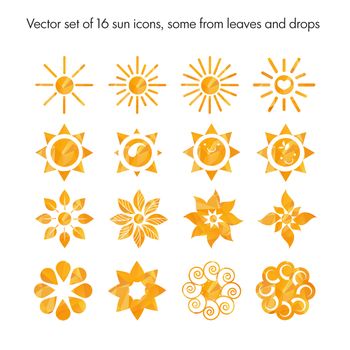 Set of sun icons from leaves, drops, nature logo, ecology. Polygonal symbols. Vector