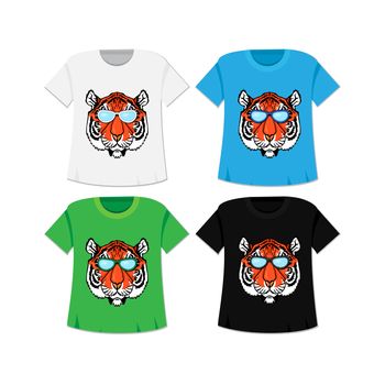 Illustration of isolated t-shirt with tiger head with glasses in vintage style for textiles, print and tattoo. Line-art. Vector