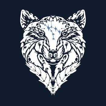 Illustration of isolated detailed wild wolf head in vintage and aztec style for textiles, print and tattoo. Line-art. Vector