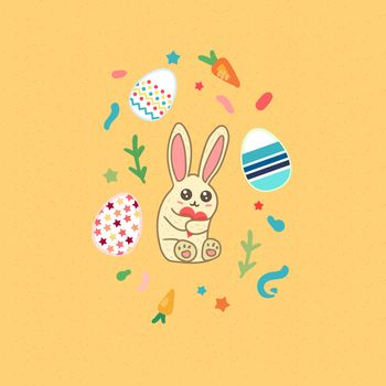 Happy Easter greeting or banner with cute rabbit and heart in hands. Vector