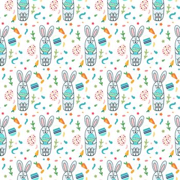 Happy Easter Seamless Pattern with cute rabbit and eggs. Template for print, fabric, wrapping, wallpaper, greeting background. Vector