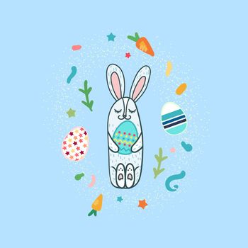 Happy Easter greeting or banner with cute rabbit and egg in hands. Vector