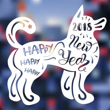 Happy New 2018 Year Lettering With Dog. Winter holiday illustration. Xmas Design Label Elements for invitation, greeting card and title, sticker, emblem, print, magnet. Vector