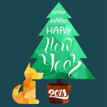 Happy New 2018 Year Lettering in Christmas Tree With Dog. Winter holiday illustration. Xmas Design Label Elements for invitation, greeting card and title, sticker, emblem, print, magnet. Vector