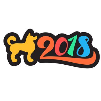 Happy New 2018 Year Lettering With Dog. Winter holiday illustration. Xmas Design Label Elements for invitation, greeting card and title, sticker, emblem, print, magnet. Vector