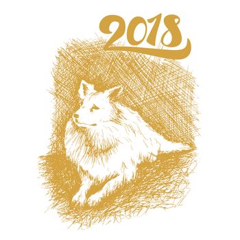 Happy New 2018 Year Lettering With Dog. Winter holiday illustration. Xmas Design Label Elements for invitation, greeting card and title, sticker, emblem, print, magnet. Vector