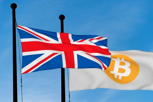 UK flag and Bitcoin Flag waving over blue sky (digitally generated image)