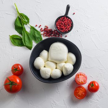 Raw ripe Mozzarella cheese balls with fresh basil leaves and cherry tomatoes, the ingredients , on white background top view square.
