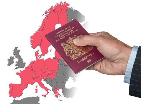 Senior man holding British passport on map of European Union in preparation for Brexit visa