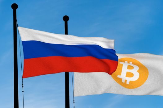 Russia flag and Bitcoin Flag waving over blue sky (digitally generated image)