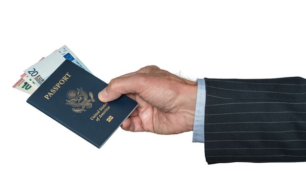 Isolated image of a senior man arm in suit and hand holding a USA passport with Euro currency for visa