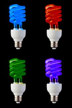set of colored CFL neon light bulbs isolated on black background.