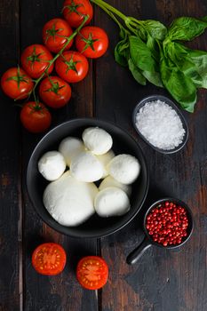 Mozzarella cheese balls, cherry tomatoes and green fresh organic basil peppercorns on wood table.