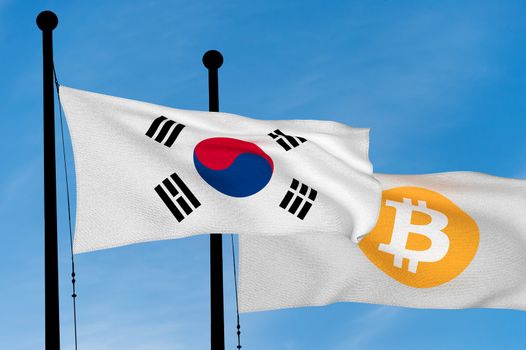 South Korea flag and Bitcoin Flag waving over blue sky (digitally generated image)