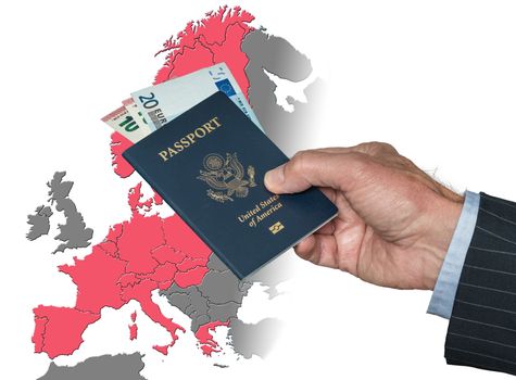 Senior man holding US passport and Euros on map of European Union in preparation for ETIAS visa