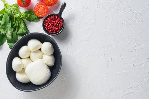 Mozzarella cheese balls with fresh basil leaves and cherry tomatoes, the ingredients of the Italian Caprese salad, on white background overhead photo space for text.