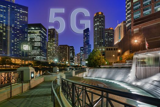 Riverwalk of Chicago with 5G technology being deployed across the city to give fast broadband internet