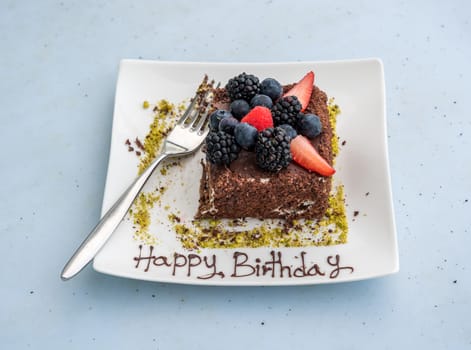 Happy Birthday on white place by remains of fresh fruit covered chocolate cake with fork