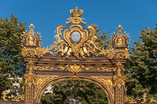 Detail of a golden gate to the Place Stanislas square in Nancy, France.