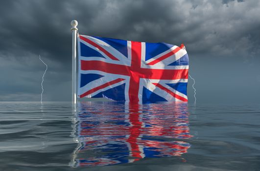 Brexit image of UK flag Union Jack sinking slowly under the waves in storm