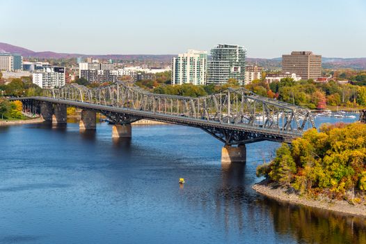 Ottawa, CA - 9 October 2019: Alexandra Bridge and Ottawa River in the autumn season