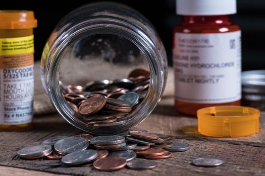 Poverty concept image with a few small coins remaining in a glass jar with opioid prescription drug bottle