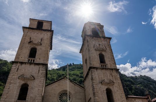 Twin towers of St Tryphon church in old town Kotor in Montenegro