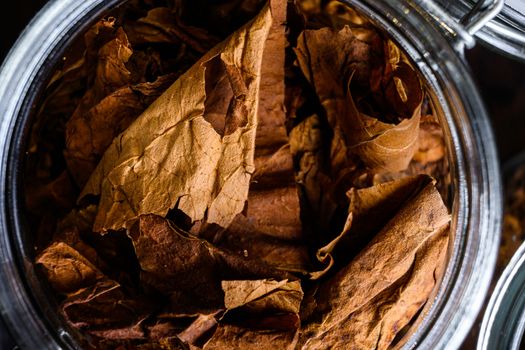 close-up macro Cigar and pile of tobacco leaves of Dried tobacco in glass jars on rustic wood dark table top view overhead