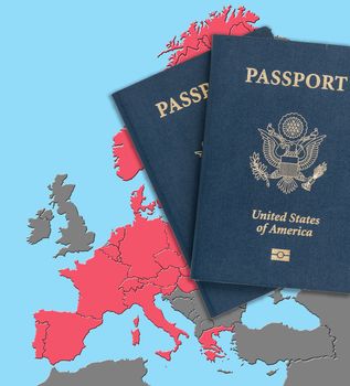 Pair of US passports on map of Schengen Zone of European Union in preparation for ETIAS visa