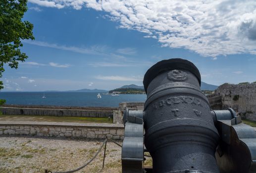 Cannon on walls inside Old Fortress in the town of Corfu