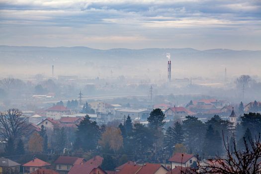 Fog, smoke, smog and air pollution, Serbia, Valjevo city, Europe