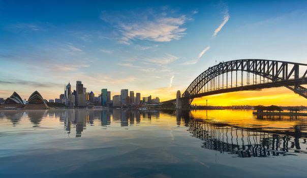 Dramatic widescreen panoramic image of the city of Sydney at sunset including the Rocks, Bridge and Opera House with an artificial reflection for the ocean