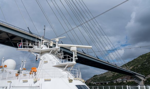 Cruise ship docked under the Franjo Tudman bridge in the Dubrovnik cruise port near the old town