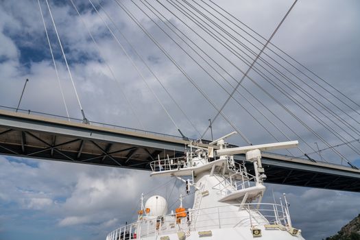 Cruise ship docked under the Franjo Tudman bridge in the Dubrovnik cruise port near the old town
