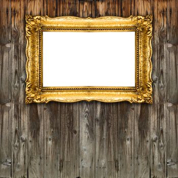 Big Picture Frame Old Gold on wood background, white inside mock up