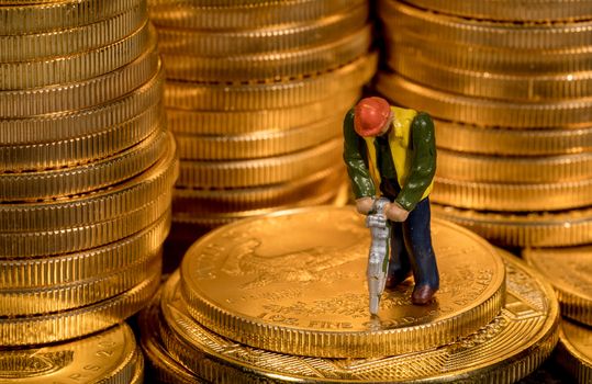 Concept illustration of miners mining new gold eagle US Treasury golden coins