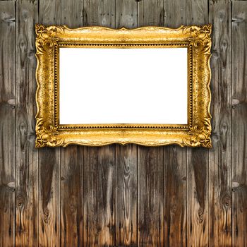 Retro Picture Frame Old Gold on wood background, black inside mockup