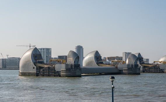 Detail of the Thames Barrier in docklands of London near Greenwich
