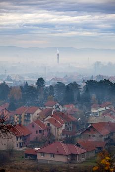Fog, smoke, smog and air pollution, Serbia, Valjevo city, Europe