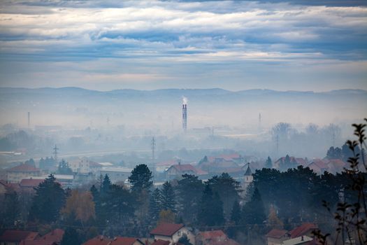 Fog, smoke, smog and air pollution, Serbia, Valjevo city, Europe