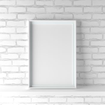 Elegant and minimalistic portrait picture frame standing on white painted brick wall. Design element. 3D render