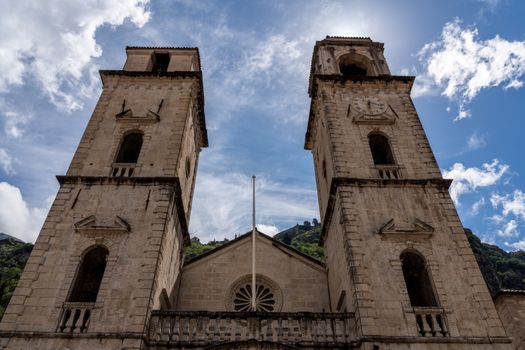 Twin towers of St Tryphon church in old town Kotor in Montenegro