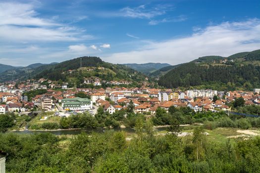 Panorama of Bijelo Polje on river Lim, towm citi municipality in Northern Montenegro (Бијело Поље)