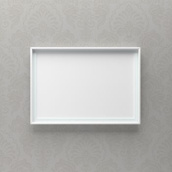 Elegant picture frame standing on gray wall with pattern. Design element. 3D render, light from top