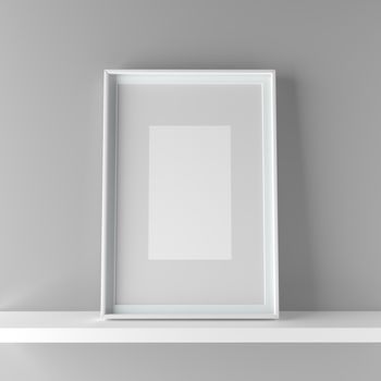 Elegant frame stand on the shelf. 3D Graphic illustration render