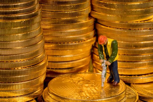 Concept illustration of miners mining new gold eagle US Treasury golden coins
