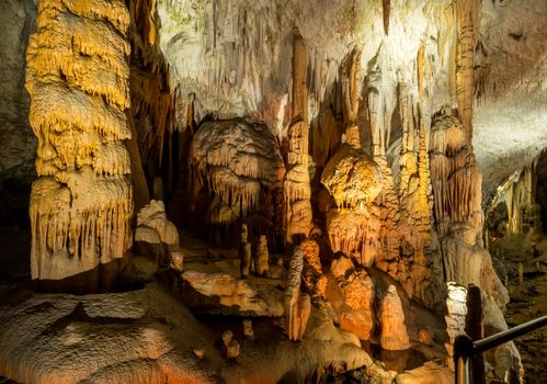 Stalactites and stalagmites underground in cave system in Postojna