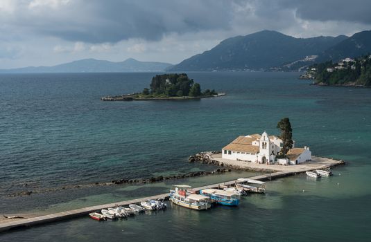 Vlacherna monastery and Mouse island off the coast of Corfu in Greece