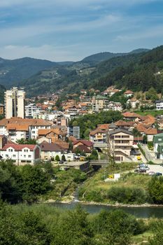 Panorama of Bijelo Polje on river Lim, towm citi municipality in Northern Montenegro (Бијело Поље)
